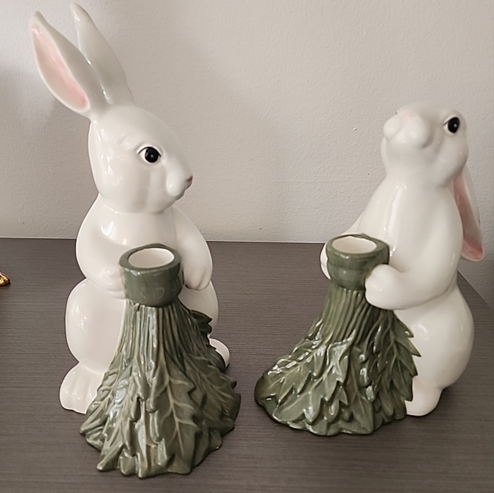 Pair Vtg Dept 56 Bunny Rabbit Candle Holders Long Ears Large 8" & 9.5" NWOB.